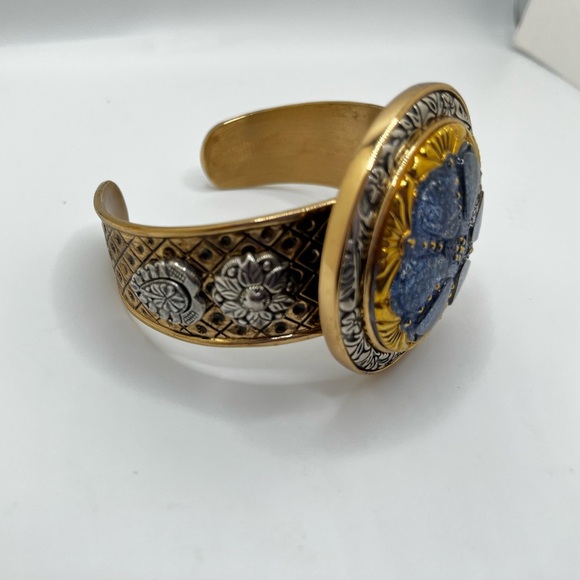 Amy Kahn‎ Russell Mixed Metal Bronze Finish Blue Round Medallion Cuff Bracelet - Picture 8 of 12
